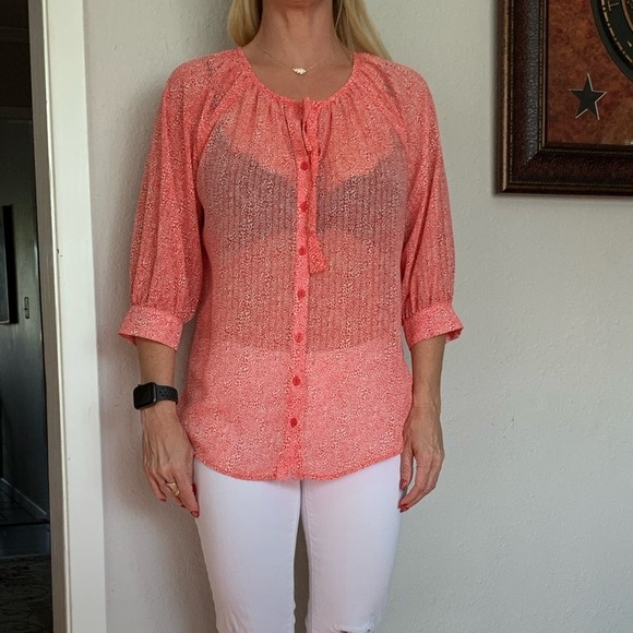 Olivia Moon Red & White Sheer Blouse - Picture 4 of 12